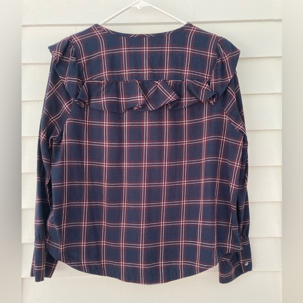 Madewell | Navy Plaid Ruffle Yoke Flannel Shirt Size Medium - Picture 5 of 7